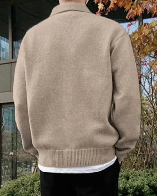 Half-Zipper Button-Down Wool Sweater